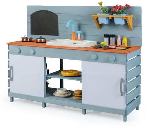 Maxmass Outdoor Kids Mud Kitchen, Wooden Toddler Toy Kitchen with Flowerpots, Chalkboard, Grill Rack, Sink, Faucet, Stoves, Garden Children Play Kitchen Pretend Toy for Boys Girls