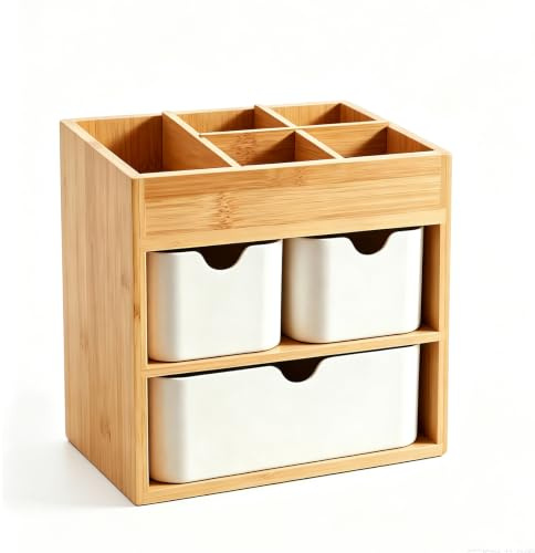 KOOJOYCC Kosmetikorganiser Make up Organizer Bambus, Schreibtisch Organizer mit 3 Schubladen & herausnehmbare Trennwänden, Aufbewahrungsbox für Büro, Küche, Bad