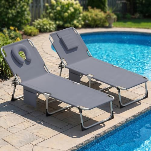 Verdego 2PCS Sonnenliege Klappbar 190x63x30cm, Gartenliege mit Gesichtsöffnung, Kopfkissen, Tragegriffe, Seitentasche, 600D Oxford, Liegestuhl Verstellbarer Rückenlehne, Strandliege, Dunkelgrau