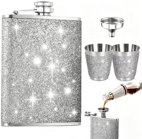 Saituo Home Petacas de Alcohol Portátil Plata, 8oz Glitter Petaca Cuero PU | con 1 Embudo Acero Inoxidable 2 Copas Vino, Set Petaca Mujer Pequeña Todo Tipo para Bodas al Aire Libre Camping Excursiones