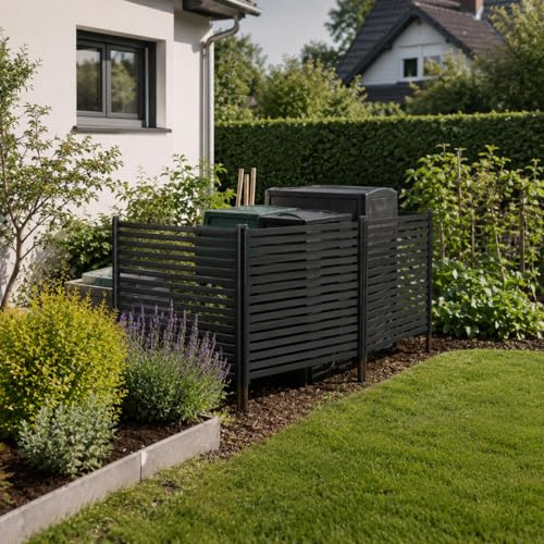 GarveeMore Sichtschutz Garten Metall 120x270 cm - 3-Teilig Sichtschutzzaun ohne Grabung, Rostfreie Mülltonnenverkleidung, Sichtschutzwand für Klimaanlage & Pool, Wetterfest, Schwarz