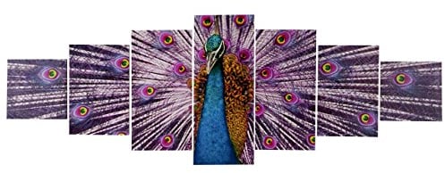 Mendler Leinwandbild T375 XL, Wandbild Keilrahmenbild Kunstdruck, 7-teilig 245x87cm - Pfau
