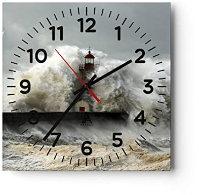 Modern Wanduhr Leuchtturm Ozean Sturm 30x30cm Quadrat Klein Wand Uhr Glas Analog Zimmeruhren Küche Büro Wohnzimmer Glasuhr Wall Clock Dekoration Design Wanddekoration Küchenuhr C4AC30x30-2442