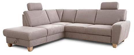 Cavadore Ecksofa Wisconsin mit Bettfunktion / Schlafsofa mit Federkern in Lederoptik / Inkl. 2 Kopfstützen + Stauraum / Landhausstil / Holzfüße in Buche / Mikrofaser / 248 x 88 x 215 cm / Hellgrau