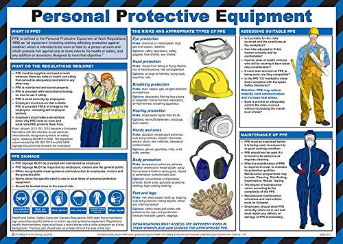 PDL – Pegdev - First Aid Laminated Health & Safety Poster Personal Protective Equipment - A2 Landscape Hazard Sign.