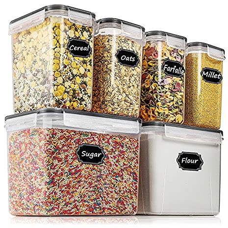 Airtight Food Storage Containers - Wildone Cereal & Dry Food Storage Container Set of 6(Black Lid), Leak-proof & BPA With 1 Measuring Cup & 20 Chalkboard Labels & 1 Chalk Marker