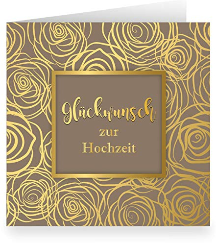 Kartenkaufrausch 12 x Feine Hochzeitskarte mit Rosen Blüten edel üppig in Gold Optik (quadratisch, 15,5x15,5cm inkl Umschlag), braun: Glückwunsch zur Hochzeit- große XL Karte für Familie, Freunde