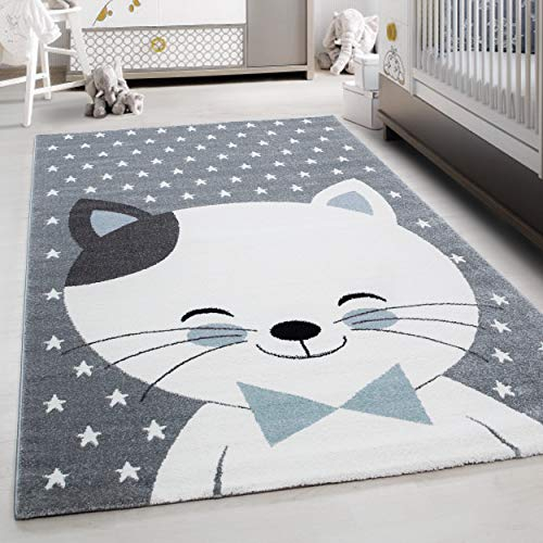 Teppium Kinderteppich für Jungen und Mädchen Niedliches Katze Muster 80 x 150 cm Blau - Kurzflor Waschbarer Teppich Extra Weich und Antiallergen - Teppich für Kinderzimmer, Babyzimmer und Spielzimmer