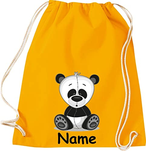 Shirtinstyle Gym Sack Kinder Turnbeutel Tiere Panda Bär mit Wunschnamen, Beutel Tasche Hort Kita, Farbe Mustard