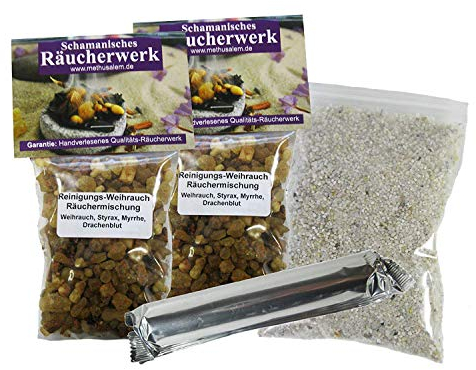 2 x 50ml WEIHRAUCH mit MYRRHE [REINIGUNGSWEIHRAUCH] mit Styrax + DRACHENBLUT zum räuchern für HAUSREINIGUNG + RAUHNÄCHTE + KEHRAUS 6-TLG Räucherset mit Räucherwerk + RÄUCHERKOHLE & ZUBEHÖR. 81670-58
