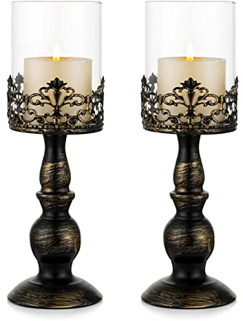 Sziqiqi Bougoire Chandelier en Ouragan Noir en Détresse Vintage 2pcs, Socle Polyvalent en Verre de Piédestal Métallique Base pour la Décoration de Fête Mariage Décoration Cheminée 33cm