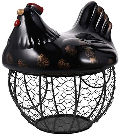 Wakauto Eierkorb Drahtkorb mit Keramik Deckel Eierhalter Tisch Retro Eier-Korb Küchen Korb Obst Korb Gemüse Korb Landhaus Metall-Korb Vintage Tischdekoraton Huhn Form 24x21,5x21,5 cm