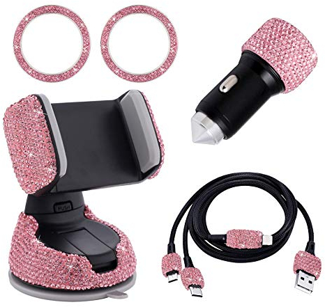 Deco Voiture Interieur Strass, Accessoire Voiture Interieur Femme, Chargeur Voiture Usb, Support Telephone, Cable Multi Usb 3 En 1 Type C/micro Double Universel Bijoux Decoration Voiture (Rose, 5pc)