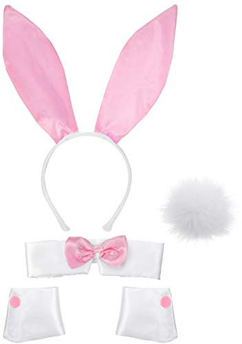 Frauen Hasen Zubehör Set Kaninchenohr Stirnband Kragen Fliege Kostüm Manschetten Kaninchen Schwanz für Halloween Weihnachten Kostüm Cosplay Party (Rosa und Weiß)