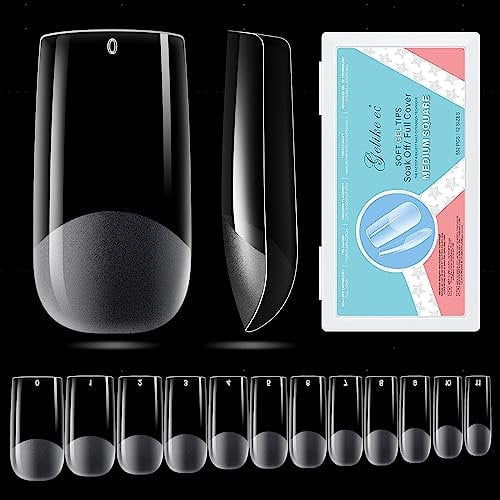 Gelike EC Soft Gel Full Cover Nail Tips Kit for Soak Off Nail Extensions, 550 Pcs Clear Medium Square Gelly Tips Pre-buff PMMA False Press on Nail Tips, 11 Sizes