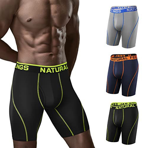 Natural Feelings Long Mens Underwear Boxers Performance Sports Dry Fit 9inch Long Leg Boxer Shorts Men E:blue Green Orange Pack of 3, L