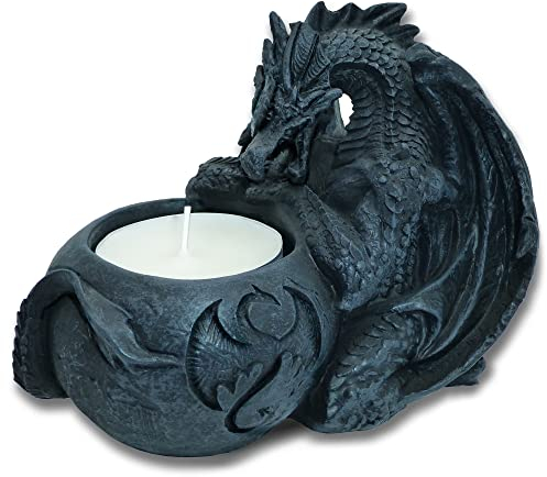 Kerzenständer Teelichhalter Gothic schwarzer Drache wacht über die Flamme, Drachenfigur in 13 cm Höhe - Deko Halloween Fantasy