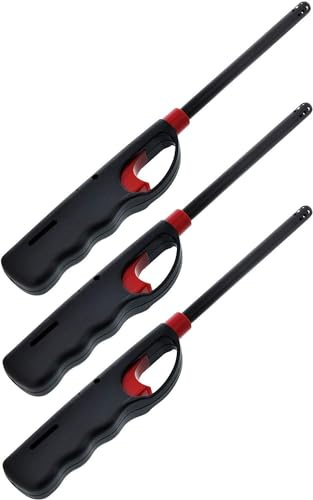 Fuel Included Handi BBQ Grill Click Flame Long Stem Lighter - Refillable Butane Gas Candle Fireplace Kitchen Stove Wind Resistant, Red (3)