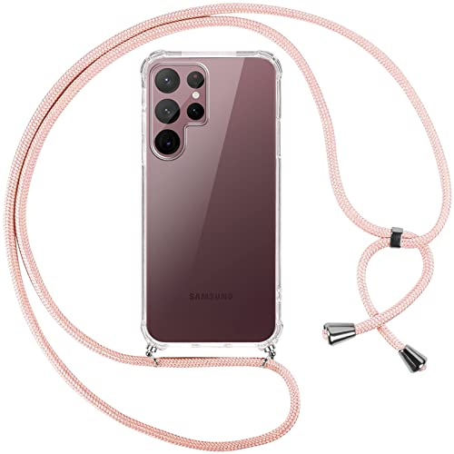 Pnakqil Collier Coque pour Samsung Galaxy S22 Ultra 5G avec Cordon, Réglable Lanyard Housse Transparente Silicone Anti-Chute Etui pour Samsung S22 Ultra 5G 6.8 Pouces, Ètuis à Bandoulière, Or Rose