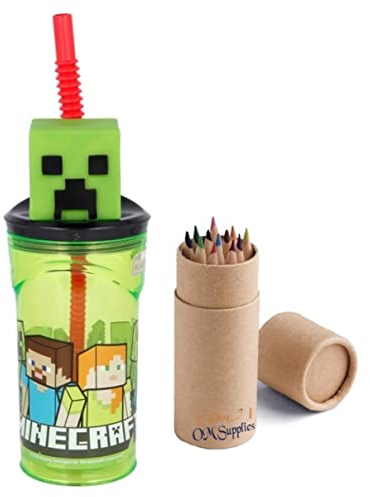 Minecraft 3D Figurine Cartoon Characters Reusable Tumbler Childrens Drinking Cup Reusable Straw 23 x 7.5 x 7.5cm (Minecraft)