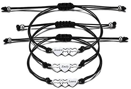 INBLUE Benutzerdefiniert Passendes Herz-Armband-Set, Personalisierter Name 3 Stück Edelstahl BFF Silber Bester Freund-Armband-Set, Freundschaftsgeschenk für Schwestern Best Friends Besties Frauen