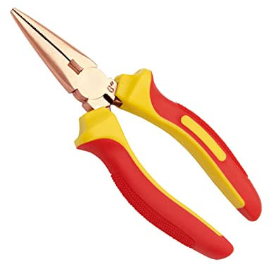 WEDO Funkenfrei Lange Spitzzange,1000V-isoliert，Flachrundzange，Nadelzange Mit rutschfestem Griff，Explosionssicher，VDE geprüft，Berylliumkupfer,8＂