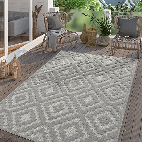 TT Home In-& Outdoor Teppich Wetterfest Balkon Küche Wohnzimmer Boho Skandi Design, Farbe: Grau 2, Größe:140x200 cm