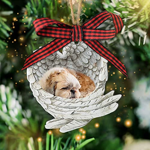 Talataca Shih Tzu Shitzu Sleeping Angel Wing Dog Lover Farmhouse 2D Flat Wooden Christmas Tree Ornament Decor Hanging Decoration House Present Xmas Eve Keepsake Natural Rustic White Wooden Ornament
