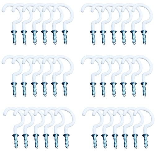 Xiaozhenjida 30 Pcs 1 inch White Screw-in Cup Hooks - Vinyl Coated Screw Hooks for Hanging Plants