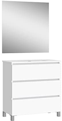 Baikal, Conjunto de baño Natura. Mueble de Baño de Fondo Reducido, con Lavabo cerámico. Distribución Tres Cajones. Mueble MONTADO. Tres Cajones con Espejo. Fondo 39cm 70 cm Blanco