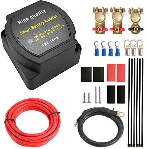 Kit de Relais de Charge Divisé, Coupe Circuit Batterie 12v,Kit Séparateur de Batterie Double 12V 140amp,Isolateur de Batterie Intelligent,Relais Sensible à la Tension VSR, pour Voiture,Caravane