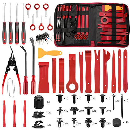 Hochferr 330 Pièces Outils Mecanique Automobile Outils pour Garnitures Outils Démontage Outillage Carrosserie pour Panneau Accessoires Porte Autoradio Tableau De Bord De Voiture (Rouge)