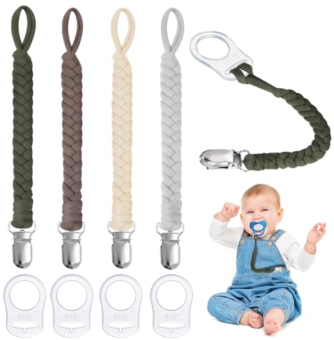 Aolso Schnullerketten Baumwolle Schnullerketten, 4pcs Baby Schnullerkettenclips, Schnullerketten für Mädchen und Jungen, Schnuller,Geflochtene Schnullerkette