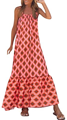 Robe Bal Femme - Femmes Robe Droite Maxi Longue Robe Rouge sans Manches Imprimé Géométrique Printemps Été Col Bateau Vacances Boho Robe De Cocktail Rose Poudré