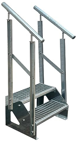 Kaminbau Mierzwa Premium Treppe Freistehend 2 Stufen beidseitigem Geländer (Breite 800 mm) (Höhe 38cm) Wetterfest Gitterroststufe Gartentreppe