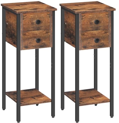 HOOBRO Narrow Bedside Table Set of 2, Slim Bedside Table, Telephone Table with 2 Drawers, Tall Side Table with Metal Frame, Small Nightstand with Open Shelf, Rustic Brown and Black EBF74BZP201