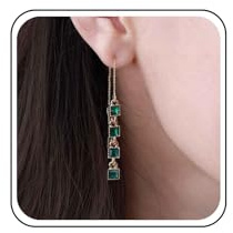 Erimberate Pendientes de cadena de borla de esmeralda bohemia, aretes de cadena de esmeralda dorada, aretes de gota cuadrados de esmeralda, aretes colgantes de cadena de cristal verde, aretes