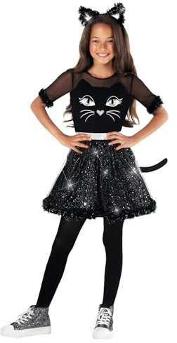 Morph Costume Gatto Bambina - Vestito Gattina per Carnevale, Halloween e Feste a Tema, Abito da Gatta per Bambine., 7-9 anni