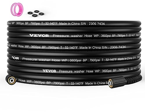 VEVOR Tuyau Flexible de Nettoyeur Haute Pression 7,6 m Tuyau de Lavage Électrique de Rechange 6,4 mm Connecteur Fileté M22-14 mm Rayon Courbure 19,1 mm 248,21 bar pour Extension de Laveuse Électrique