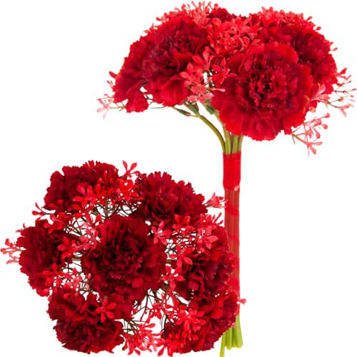 Strauss MIT 7 Nelken Blumen ROTE KÜNSTLICHE Blumen Blumendeko Künstliche als Dekoration für Hochzeit, Geburtstag, Muttertag, Party, Dekoration für Küche, Büro, Café, als Innendekoration