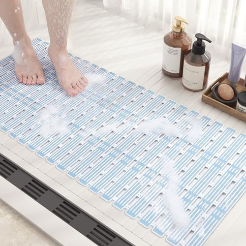 COLOR&GEOMETRY Shower Mat Non Slip Anti Mould 40x68Cm, Shower Mat Cut to Size, Machine Washable Bathroom Mat With Strong Suction Cups Non Slip Bath Mats for Inside Bath, Walk-In Bathroom - Light Blue