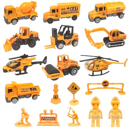 TOYABI Sandspielzeug, Baustellenfahrzeuge Kinder, 18-teiliges Spielzeug-Baufahrzeugset mit Kipper/Flugzeug/Absperrung usw., Druckguss-Legierungsfahrzeuge für Jungen & Mädchen ab 3 Jahren
