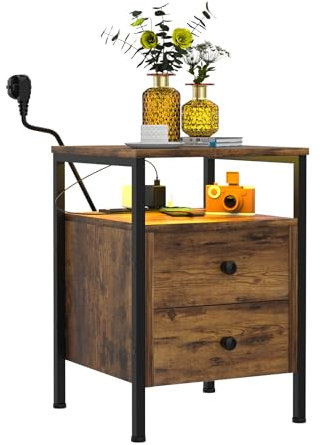 Lvechforhm Mesita de Noche LED Ajustable, Mesas de Centro con Enchufe y Puerto USB, Mesita de Nochecon Cajones, Mesa Auxiliar Estilo Industrial, Adecuada para Sala de Estar, Dormitorio Vintage Marrón