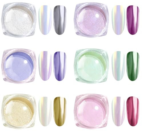 CHOWU Chrome Nail Powder, 6 PCS Pearlescent Nail Art Powder, High Gloss Rainbow Neon Nail Glitter Powder, Super Mirror Pigment for Gel Nail Decoration【2024 Fashion Trend】【Aurora Ice Mirror Effect】