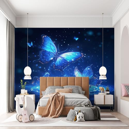 Fototapete Blau Leuchtender Schmetterling Der Fantasiekunst Tapete 200 x 140 cm, Blau Tapeten Vliestapete, Modern Wandtapete Wohnzimmer Schlafzimmer Kinderzimmer Wanddeko Motivtapeten Fototapete