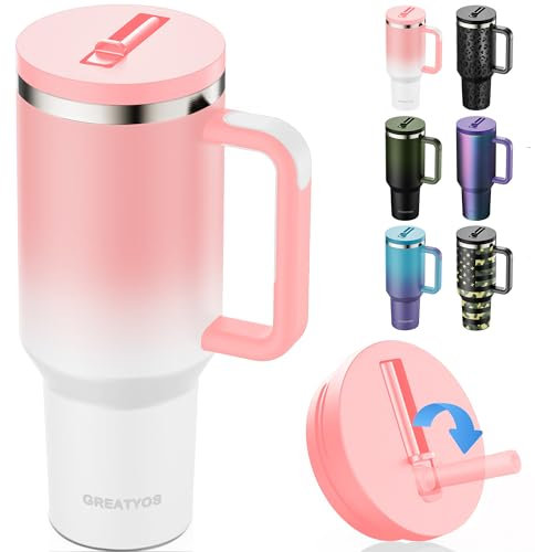 Greatyos 40 oz Tumbler with Handle and Flip Straw Lid - Upgraded Insulated Traveler Tumblers with Lids Straws Vacuum Leak Proof Stainless Steel 40oz Cup Mug Gifts for Men Women Him Her (Sakura)