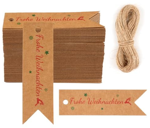 Geschenkanhänger Weihnachten, 100 Stück Weihnachtsanhänger Klein, Anhänger Weihnachten Mit Schnur, Etiketten für Flaschen, Kraftpapier Geschenk Anhänger für DIY Weihnachten Deko Verpackung - Braun