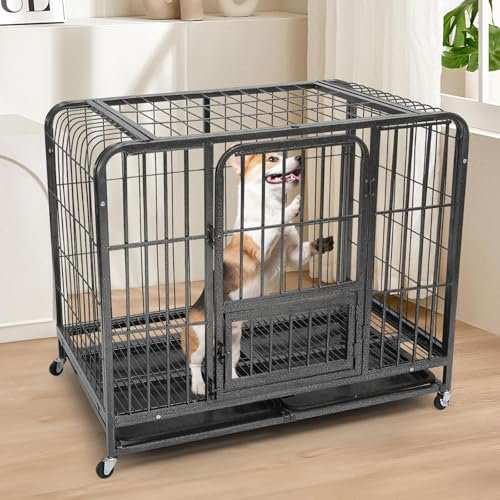 Hundekäfig für Zuhause XXL Hochbelastbar, Hundegitterbox 77.5 x 55 x 72cm für Mittelgroße und Große Hunde, Abnehmbares Reinigungstablett mit Abschließbaren Rädern