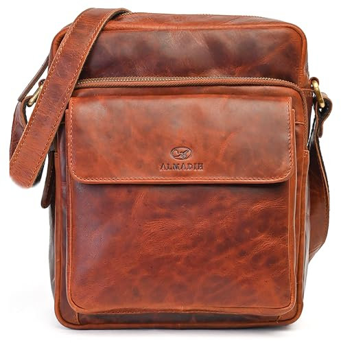 ALMADIH Leder Umhängetasche Herren perfekt für Tablet iPads 12.9 Zoll - DON braun deluxe - Kompakte echte Ledertasche für Arbeit & Alltag Messenger Schultertasche kleine Herrentasche (DON bd)