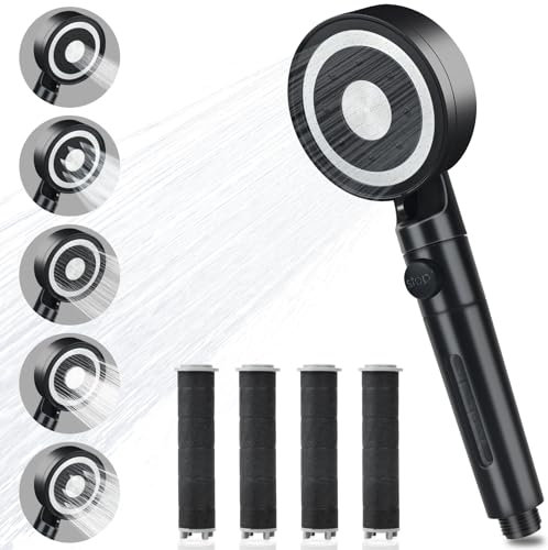 BEIJIE Shower Head with 4Pcs Filter, High Pressure Shower Head with 5 Mode and Stop Button, Handheld Shower Heads with Activated Carbon Fiber Filter for Hard Water to Remove Residual Chlorine, Black